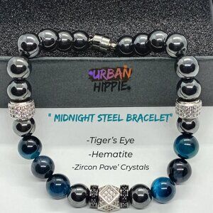 Men's Blue Tiger Eye Bracelet Hematite Beaded Bracelet Crystal Spacers Magnetic